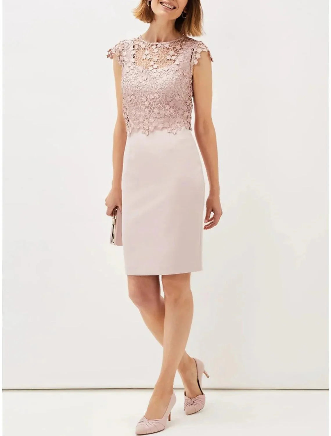 Vestido de mãe da noiva em linha A da Numbersea, elegante, pequeno, decote redondo, curto/mini, tecido elástico, manga comprida, com renda franzida, cor sólida