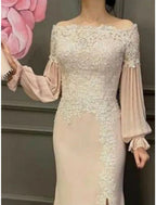 Vestido de festa para mãe da noiva, elegante, ombro descoberto, comprimento até ao chão, chiffon, renda, manga comprida, com racha frontal