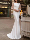 Empfang Royal Style Casual Brautkleider Meerjungfrau / Trompete Rundhalsausschnitt Langarm Sweep / Pinsel Schleppe Satin Brautkleider mit Volltonfarbe Sommer Herbst Hochzeitsfeier