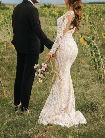 Verlobungs-formelle Boho-Brautkleider Trompeten-/Meerjungfrauenkleider Illusionsausschnitt Langarm Pinselschleppe Spitzen-Brautkleider mit Applikationen