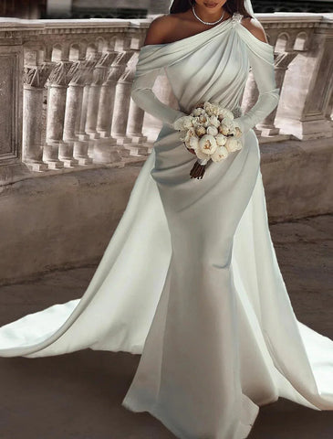 Formelle Brautkleider Zweiteilige One-Shoulder-Langarm-Bodenlänge Satin Brautkleider mit Schärpe / Band Perlen
