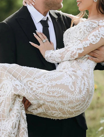 Verlobungs-formelle Boho-Brautkleider Trompeten-/Meerjungfrauenkleider Illusionsausschnitt Langarm Pinselschleppe Spitzen-Brautkleider mit Applikationen