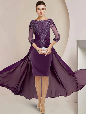 Etuikleid/Säulenkleid für die Brautmutter, elegant, U-Ausschnitt, knielang, Chiffon, Spitze, 3/4-Ärmel mit Perlenbesatz, Pailletten-Applikationen