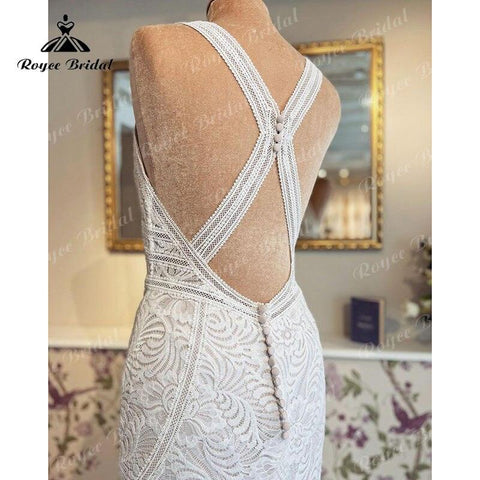 trajes de novias largos Meerjungfrau/Trompete Hochzeit Kleid V-ausschnitt Tank Open Back Spitze Ärmelloses vestido de boda corte sirena 2022