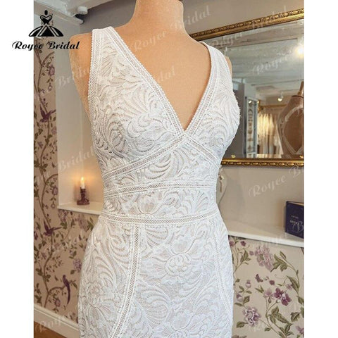 trajes de novias largos Meerjungfrau/Trompete Hochzeit Kleid V-ausschnitt Tank Open Back Spitze Ärmelloses vestido de boda corte sirena 2022