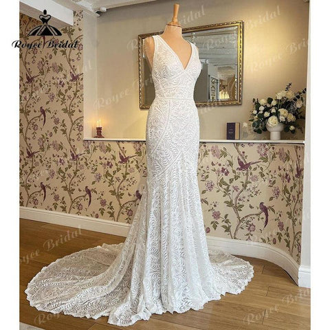 trajes de novias largos Meerjungfrau/Trompete Hochzeit Kleid V-ausschnitt Tank Open Back Spitze Ärmelloses vestido de boda corte sirena 2022