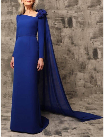 Etuikleid/Säulenkleid für die Brautmutter, Hochzeitsgast, elegant, quadratischer Ausschnitt, Hofschleppe, Stretch-Chiffon, lange Ärmel mit Blumen, einfarbig