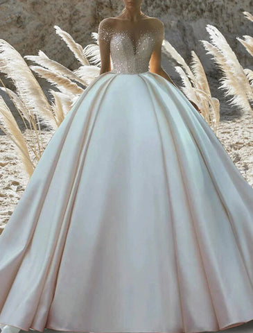 Verlobungs- und formelle Brautkleider, Ballkleid, schulterfrei, kurze Ärmel, Kapellenschleppe, Satin, Brautkleider mit Volltonfarbe
