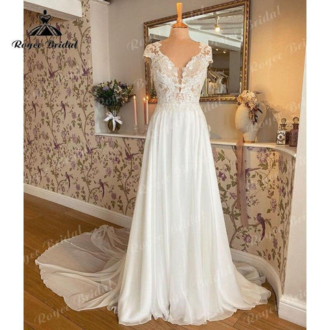 NumberSea trouwjurk Champagner Brautkleid Spitze Mieder Applique Tiefem V-Ausschnitt Spitze Brautkleid Nach Maß Robe De Mariee NumberSea 2022 