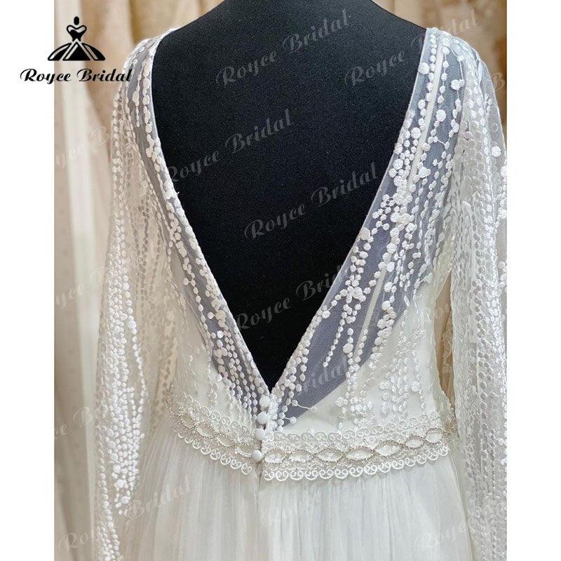 NumberSea trouwjurk Vintage Long Sleeve Lace Tulle Wedding Dress Backless Sweep Train Beach Wedding Gown vestido de novia robe femme 2025