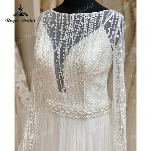 NumberSea trouwjurk Vintage Langarm Spitze Tüll Brautkleid Backless Sweep Zug Strand Brautkleid vestido de novia robe femme 2025 