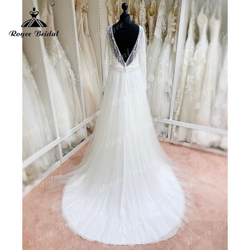 NumberSea trouwjurk Vintage Long Sleeve Lace Tulle Wedding Dress Backless Sweep Train Beach Wedding Gown vestido de novia robe femme 2025