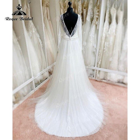 NumberSea trouwjurk Vintage Langarm Spitze Tüll Brautkleid Backless Sweep Zug Strand Brautkleid vestido de novia robe femme 2025 