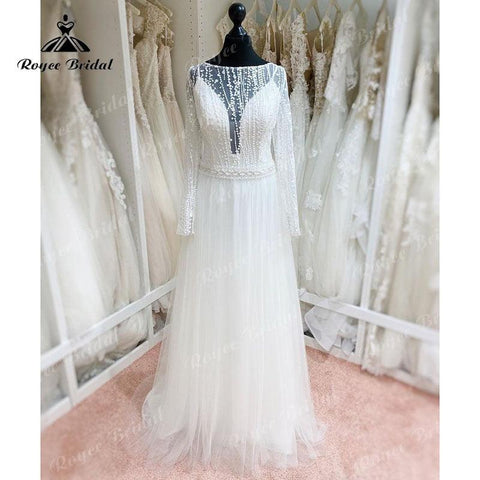 NumberSea trouwjurk Vintage Langarm Spitze Tüll Brautkleid Backless Sweep Zug Strand Brautkleid vestido de novia robe femme 2025 