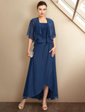 Zweiteiliges A-Linien-Kleid für die Mutter der Braut, Kirche, Übergröße, elegant, hoch und tief, quadratischer Ausschnitt, asymmetrisch, knielang, Chiffon, Spitze, kurze Ärmel, Wickelkleid inklusive Applikationen