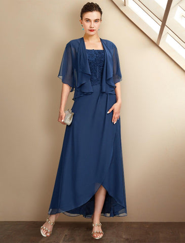 Zweiteiliges A-Linien-Kleid für die Mutter der Braut, Kirche, Übergröße, elegant, hoch und tief, quadratischer Ausschnitt, asymmetrisch, knielang, Chiffon, Spitze, kurze Ärmel, Wickelkleid inklusive Applikationen