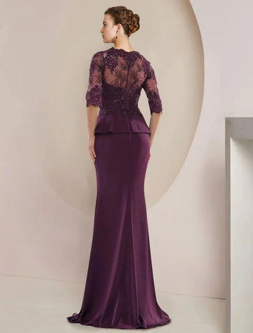 Meerjungfrau/Trompete Kleid für die Mutter der Braut, formeller Hochzeitsgast, luxuriös, elegant, V-Ausschnitt, bodenlang, Spitze, Stretch-Chiffon, halbe Ärmel mit Perlenbesatz, Rüschen und Applikationen