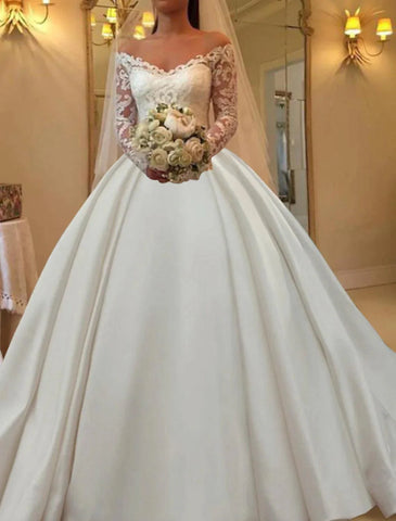 Verlobungs- und formelle Herbst-Brautkleider Ballkleid, schulterfrei, langärmlig, Kapellenschleppe, Satin-Brautkleider mit Applikationen, einfarbig