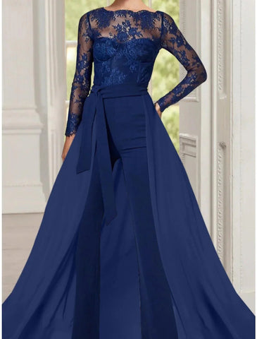 Jumpsuit/Hosenanzug, Kleid für die Mutter der Braut, Hochzeitsgast, elegant, Rundhalsausschnitt, bodenlang, Stretch-Chiffon, lange Ärmel mit Rüschen, einfarbig