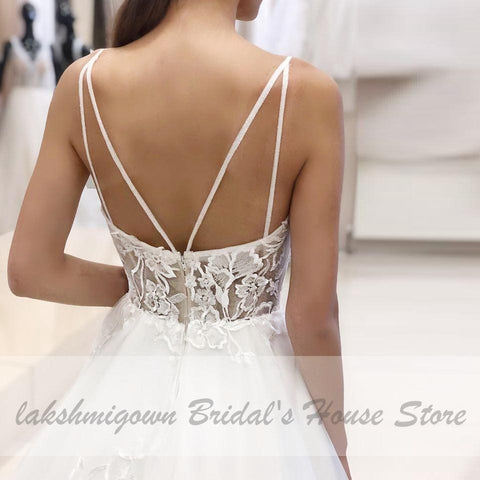 NumberSea Tüll Strand Brautkleid Spaghettiträger Sexy