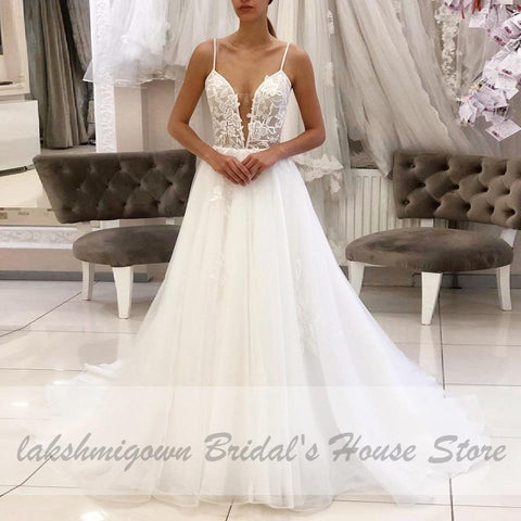 NumberSea Tüll Strand Brautkleid Spaghettiträger Sexy