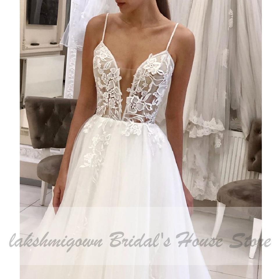 NumberSea Tulle Beach Wedding Dress Spaghetti Straps Sexy