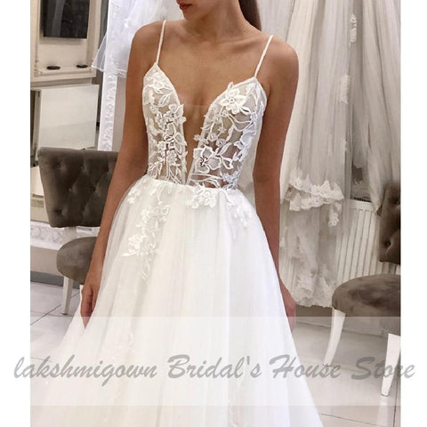 NumberSea Tüll Strand Brautkleid Spaghettiträger Sexy