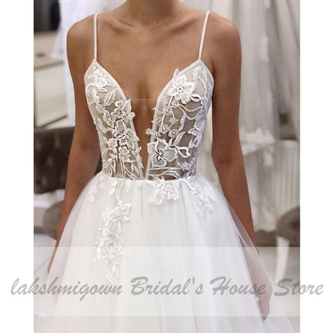 NumberSea Tüll Strand Brautkleid Spaghettiträger Sexy