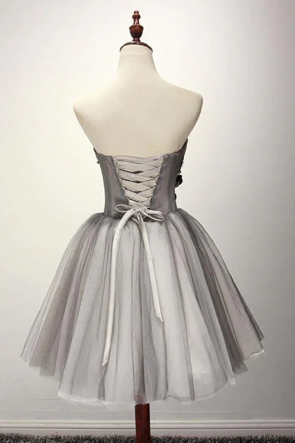 Tüll Graues Kurzes Ballkleid Homecoming-Kleid Cocktailkleid PG130