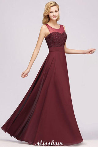 Tüll Spitze Perlen Juwel Ärmellos Bodenlang Brautjungfernkleider A-Linie Chiffon Tüll Partykleid