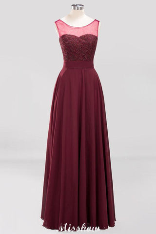 Tüll Spitze Perlen Juwel Ärmellos Bodenlang Brautjungfernkleider A-Linie Chiffon Tüll Partykleid