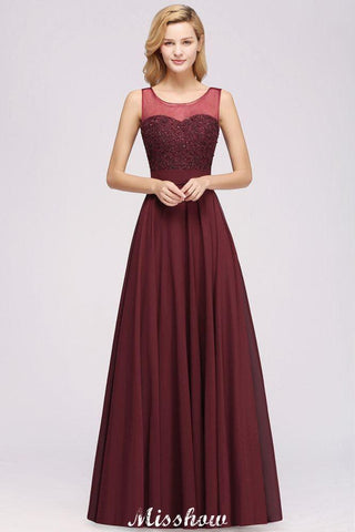 Tüll Spitze Perlen Juwel Ärmellos Bodenlang Brautjungfernkleider A-Linie Chiffon Tüll Partykleid