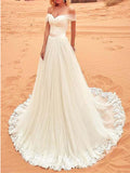 Abito da sposa in tulle e applicazioni avorio, spalle scoperte, WD0455