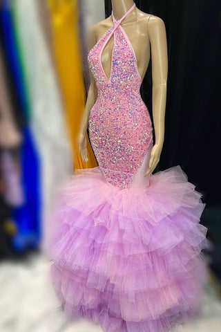 Long Tulle Sequins Mermaid Halter Sleeveless Prom Dress