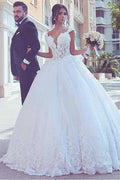 Tüll-Ballkleid-Hochzeitskleid mit V-Ausschnitt und Spitzenapplikationen