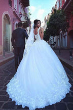 Tüll-Ballkleid-Hochzeitskleid mit V-Ausschnitt und Spitzenapplikationen