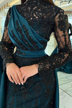 Turkish Mermaid High Neck Long Sleeves Evening Dresses With Black Lace
