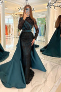 Robe de soirée turque sirène à col haut et manches longues avec dentelle noire