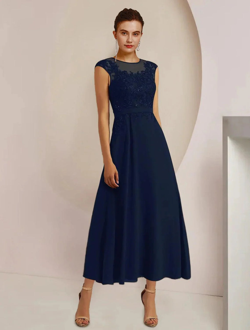 Vestido de mãe da noiva em duas peças, corte A, formal, para convidada de casamento, elegante, decote redondo, comprimento chá, chiffon, renda, manga 3/4, casaco, vestidos com faixa/fita, aplicações