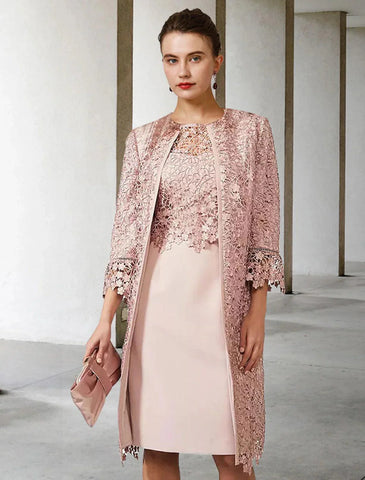 Zweiteiliges, elegantes, knielanges Chiffon-Spitzen-Jackenkleid mit Rundhalsausschnitt und kurzen Ärmeln und Kleid für die Brautmutter