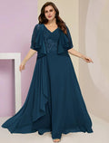 Zweiteiliges A-Linien-Kleid für die Mutter der Braut, formelle Hochzeitsgäste, Übergröße, Bauch verbergen, elegant, V-Ausschnitt, bodenlang, Chiffon, Spitze, ärmellos, mit gerüschten Applikationen