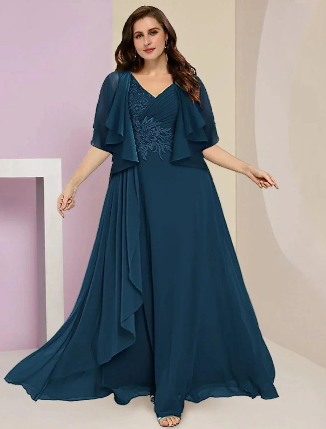 Vestido de mãe da noiva em duas peças, corte A, formal, para casamento, plus size, barriga escondida, elegante, decote em V, comprimento até ao chão, chiffon, renda, sem mangas, com aplicações franzidas