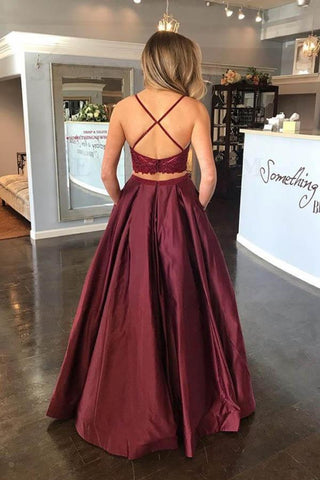Two Piece A-Line Satin Spaghetti Straps Burgundy Prom Dress PSK109