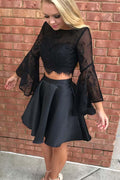 Vestido de Dos Piezas Negro de Manga Larga con Encaje para Baile de Bienvenida o Fiesta Modelo PG187