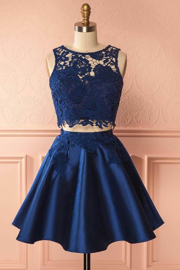Two Piece Dark Blue Satin Homecoming Dress with Lace Appliques PG157