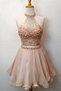 Sukienka wieczorowa dwuczęściowa typu halter w kolorze blush pink, krótka, na studniówkę  PD289