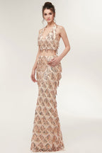 Zweiteilige Neckholder-Meerjungfrau Lange Paillettenmuster Champagner Ballkleider