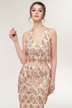 Zweiteilige Neckholder-Meerjungfrau Lange Paillettenmuster Champagner Ballkleider