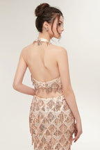 Zweiteilige Neckholder-Meerjungfrau Lange Paillettenmuster Champagner Ballkleider