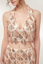 Zweiteilige Neckholder-Meerjungfrau Lange Paillettenmuster Champagner Ballkleider